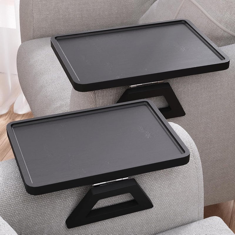 Danfoxer 2 Pack Couch Arm Tray,Bamboo Folding Sofa Tray,Sofa Armrest Trays Clip-On Couch Desk for Drinks,Snacks,Phone,Remote Control（Black） - Image 1